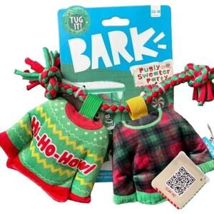 Bark Dog Tug Toy Pugly Sweater Party Squeaker Crinkle Red Green New Holiday Gift